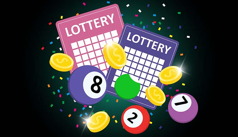 Banner sa znakom lutrije Bingo na tamnoj pozadini. Šarene kuglice, loto listići, konfeti i novčići dobitnika jackpota. Koncept velikog dobitka u online kockanju.